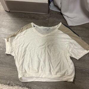 Buckle V-Neck Colorblock Blouse - White, Tan, Gray